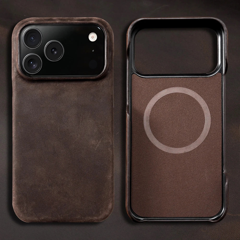 Caze Retro Pull-Up Leather Case – Genuine MagSafe Magnetic Back Cover for iPhone 15–17 Series