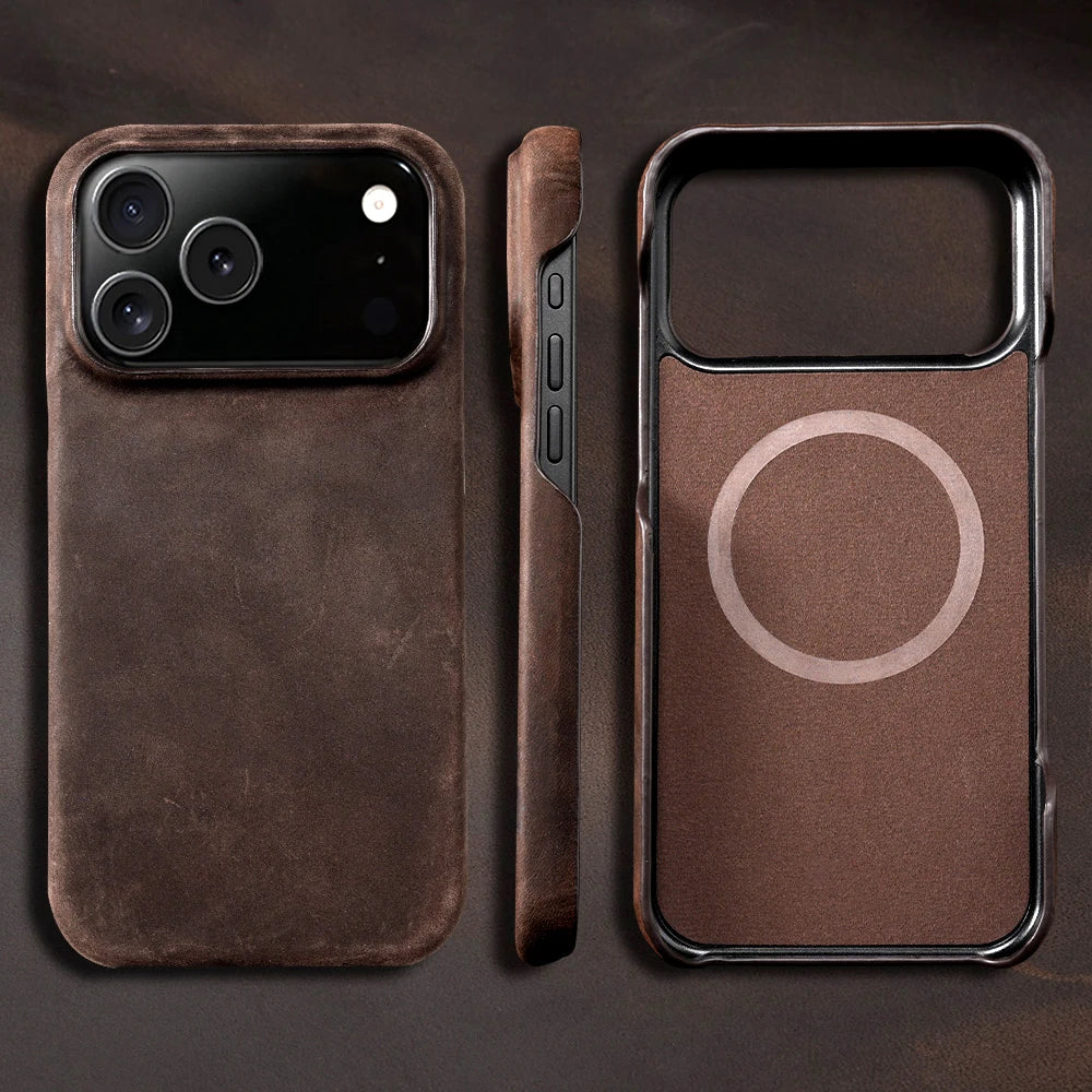 Caze Retro Pull-Up Leather Case – Genuine MagSafe Magnetic Back Cover for iPhone 15–17 Series